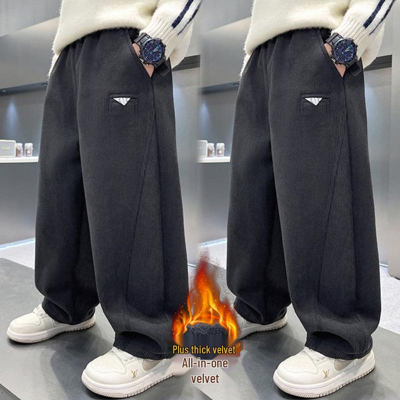 Winter 2026 Boys' Fleece-Lined Wide-Leg Sweatpants for Middle & Big Kids - Straight Leg Sports Pants Great for Autumn & Winter