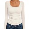 Women‘s Ribbed Square Neck Top, Long Sleeve Slim Fit Basic Shirt for Fall Winter Spring, Casual Crop Tee