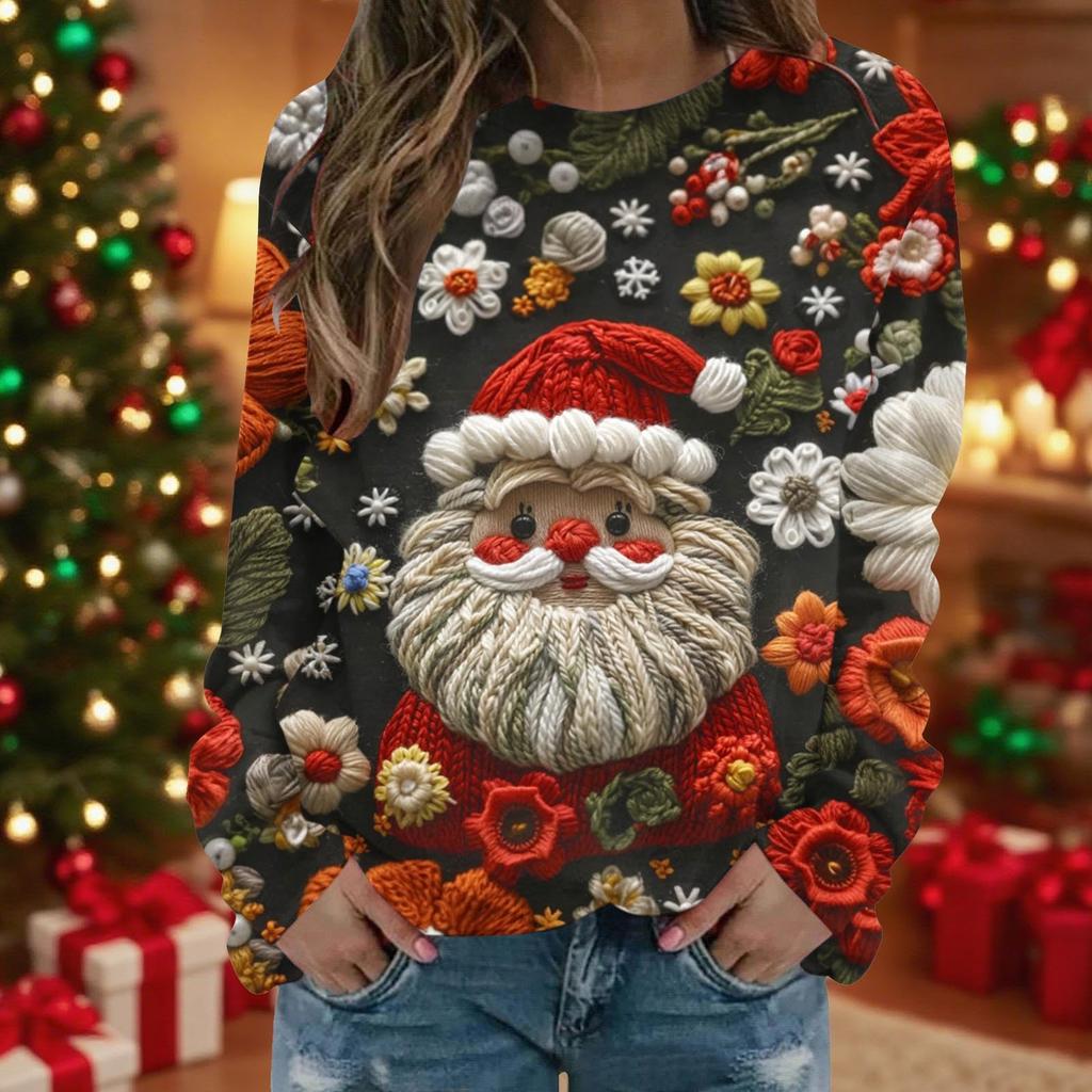 Women's Casual Long Sleeve Christmas Print Neck Top