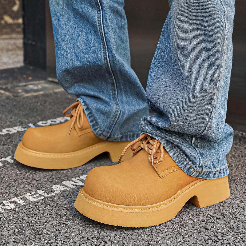 Men's Thick Sole Big Toe Trendy Shoes Mens Casual Leather Derby Shoes Men Lace-up Heightened Shoe 9522-E