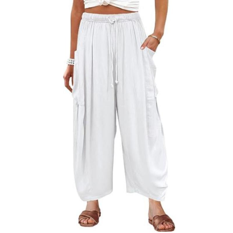 

Женские плиссированные широкие брюки с высокой талией и эластичной резинкой на талии, свободные повседневные брюки из хлопка и льна XXXL белый