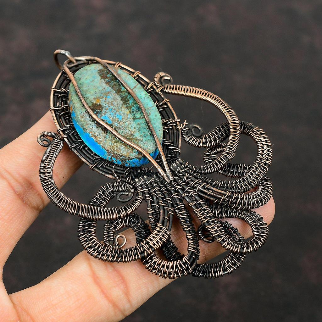 Tibetan Turquoise Pendant Copper Wire Wrapped Octopus Pendant Natural Gemstone Pendant Copper Designer Jewelry Handmade Pendant Gift For Her