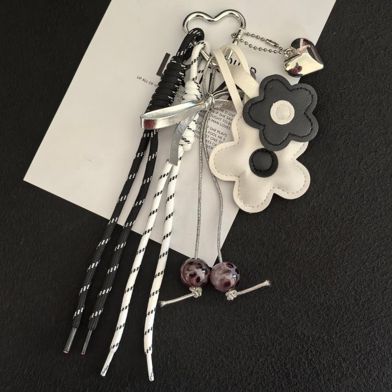 MIU Leather Flower Tassel Keychain with Beads - Korean Style Keychain Charm