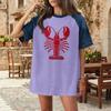 Women's Casual Denim Patchwork Short Sleeve T-Shirt Loose Fit Crew Neck Summer Spring Fashion Top Lobster Print