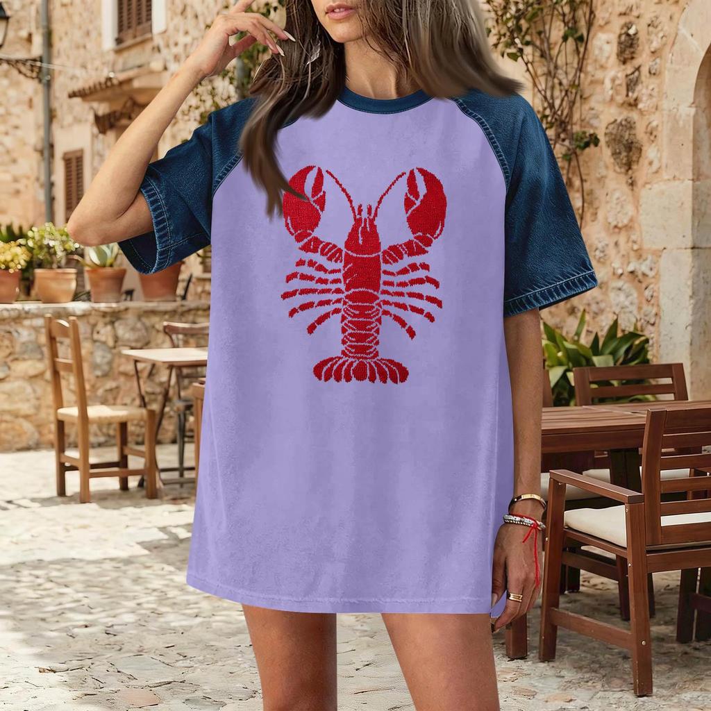 Women's Casual Denim Patchwork Short Sleeve T-Shirt Loose Fit Crew Neck Summer Spring Fashion Top Lobster Print