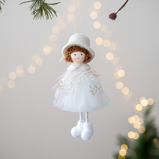 Christmas Angel Doll Hanging Decoration Top Hat Lace Dress Long Legged Plush Girl Hanging Ornament Holiday Party Pendant