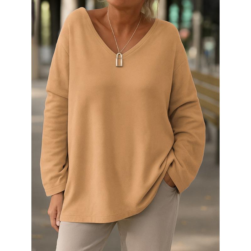 QICED Women's Fashion Casual Solid Color Print Long Sleeve V Neck Blouses & Shirts