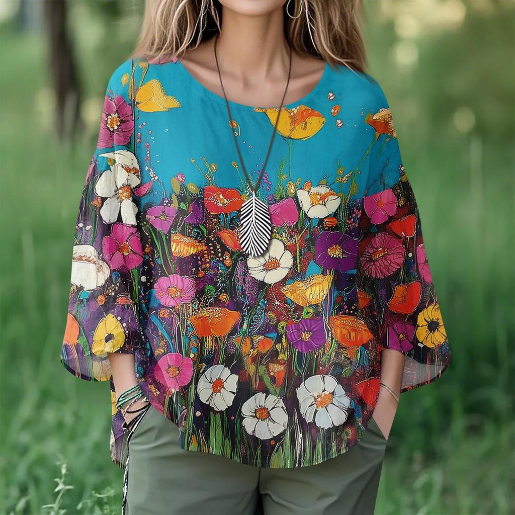 Summer Tops For Women Cute V Neck 3/4 Sleeve Blouses Floral Print Top Casual Shirts
