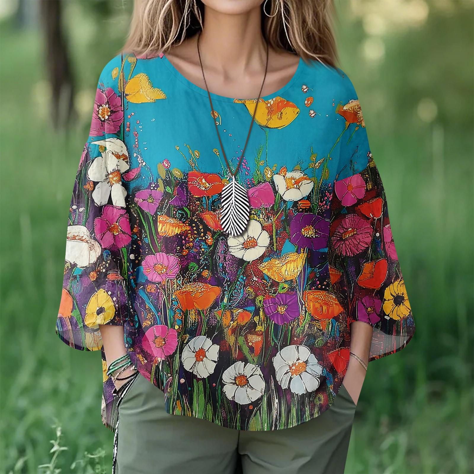 

Летние топы для женщин, симпатичные блузки с V-образным вырезом и рукавом 3/4, повседневные рубашки с цветочным принтом XL