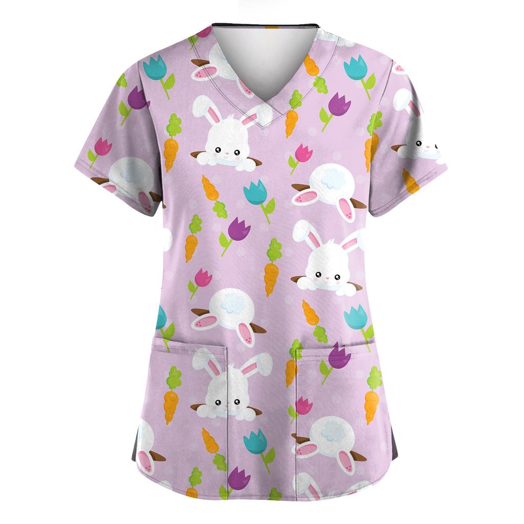 Women's Valentine's Day Printed Loose V-Neck Pocket Short Sleeve Uniform  Uniform