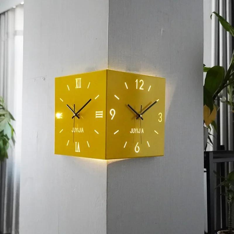 Nordic Wall Clock Lights Corner Double Sided Wall Clocks Square Living Room Clock Roman Minimalist Design Clocks Modern Stylish