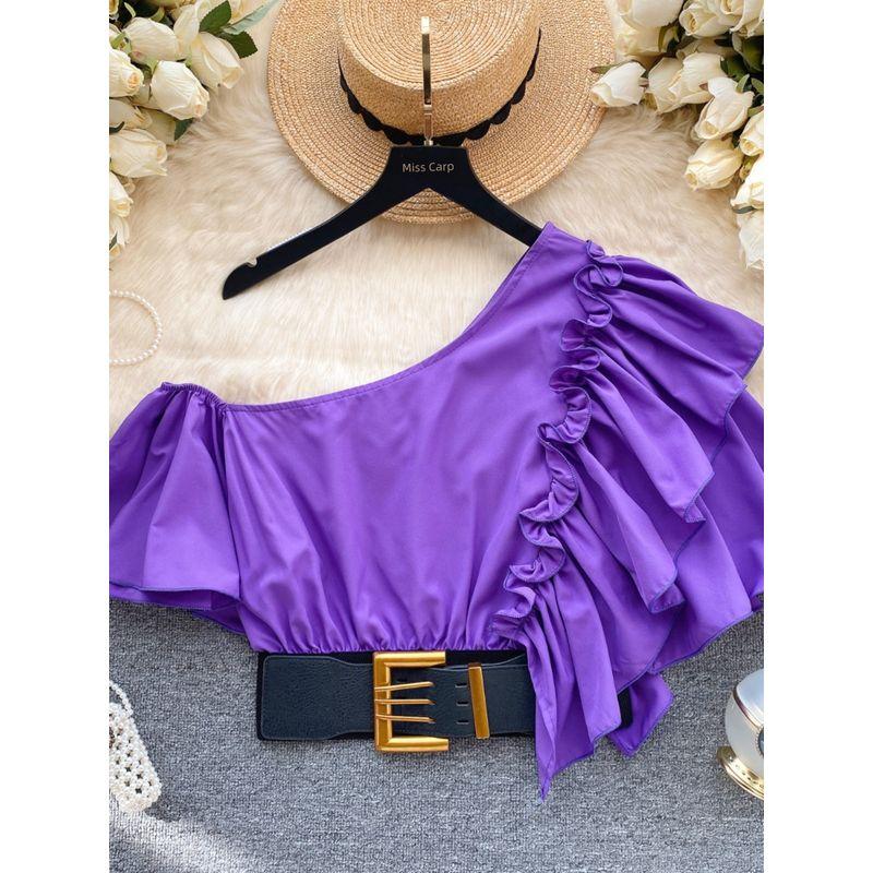 2024 European Shirt Best Selling Stylish One-Shoulder Cold-Shoulder Sweet Fungus Ruffle Sleeve Short Shirt Women's Blouse