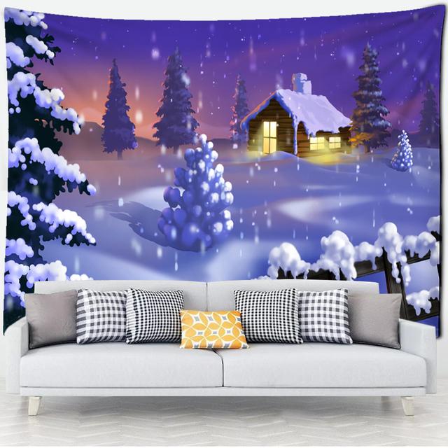 Pom de Crăciun sub zăpadă tapiserie agățată pe perete Cadouri de sărbători Tapiz psihedelic colorat peisaj natural decor acasă