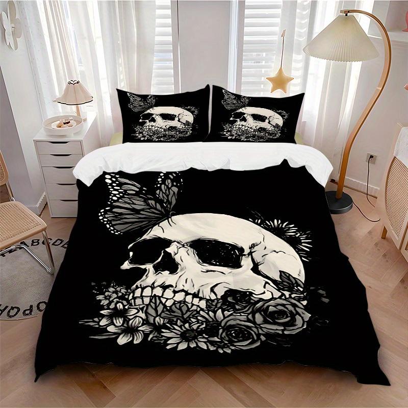 

3pcs Skull Flowers Bedding Cover Set, Fashion Classic Popular Print Bedding Set, Soft Comfortable, All - Season Use, For Bedroom, Guest Room106 135x200cm