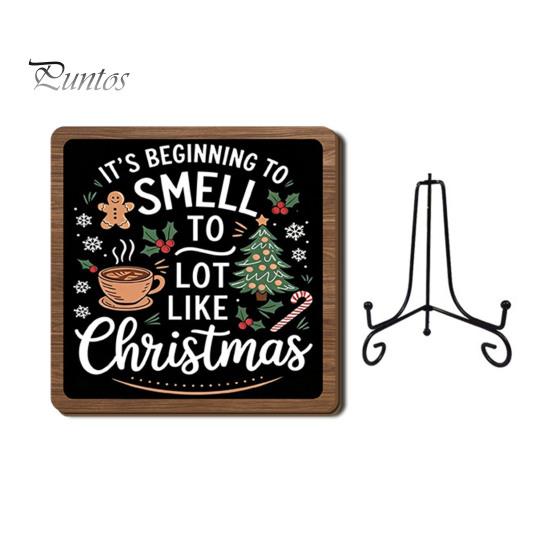 Christmas Hanging Ornament Wooden Tabletop Decor, 2D Pet Santa with Iron Stand, Rustic Festive Home Accents Holiday Sign for And Cafe Shelf,
