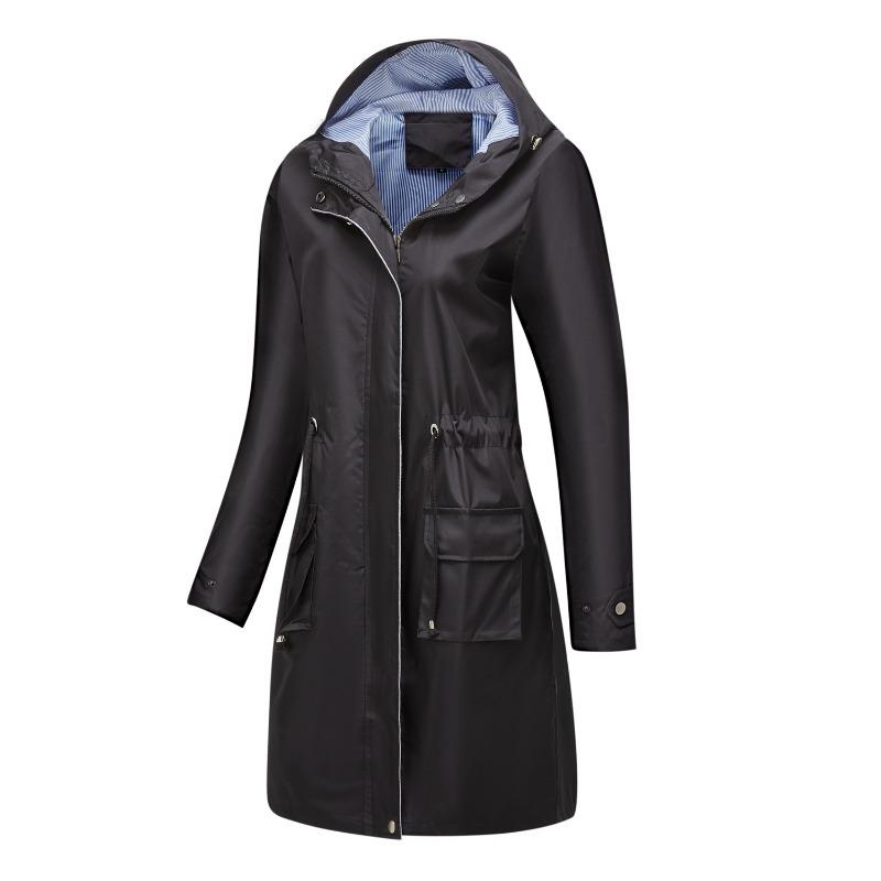 BITCED Spring/Fall Long-Sleeve Casual Trench Coat for Women Water-Resistant Hooded Solid-Color Top Striped Lining Straight-Cut Jacket