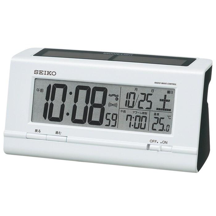 Seiko Clock Alarm Clock Hybrid Solar Radio Digital Calendar Temperature Display White Pearl SQ766W, 7.0x15.0x5.1cm