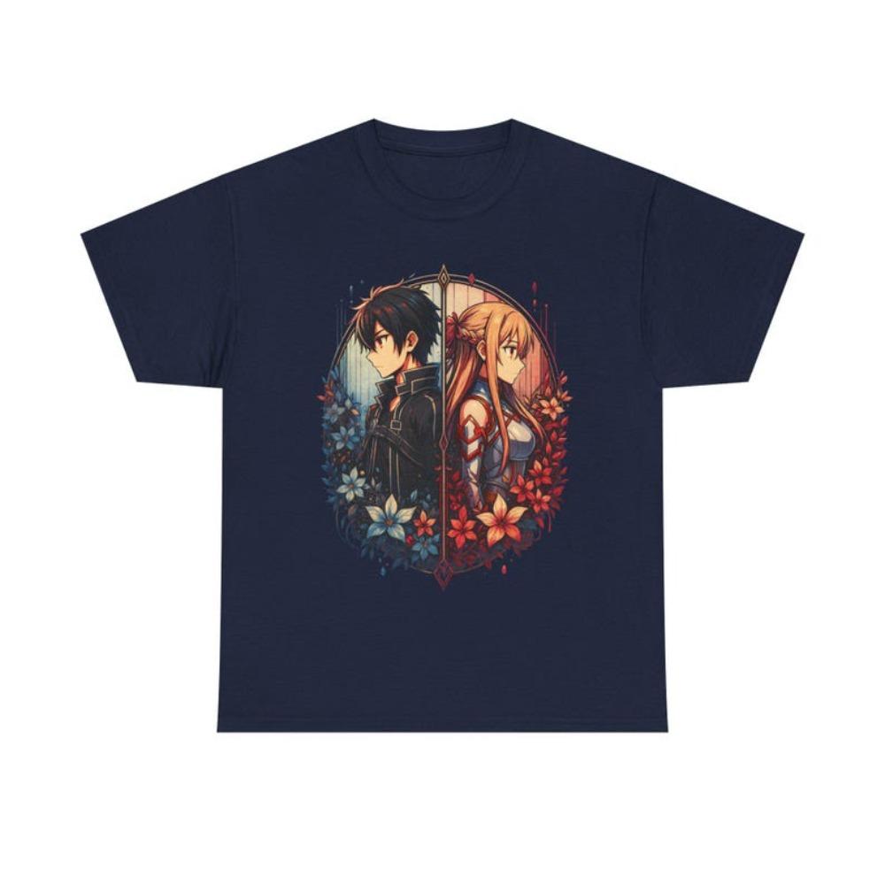 Oversized Black Short-Sleeve T-Shirt Featuring Sword Art Online Kirito & Asuna Split Portrait Floral Frame Graphic Print For SAO Fans & Anime Couples