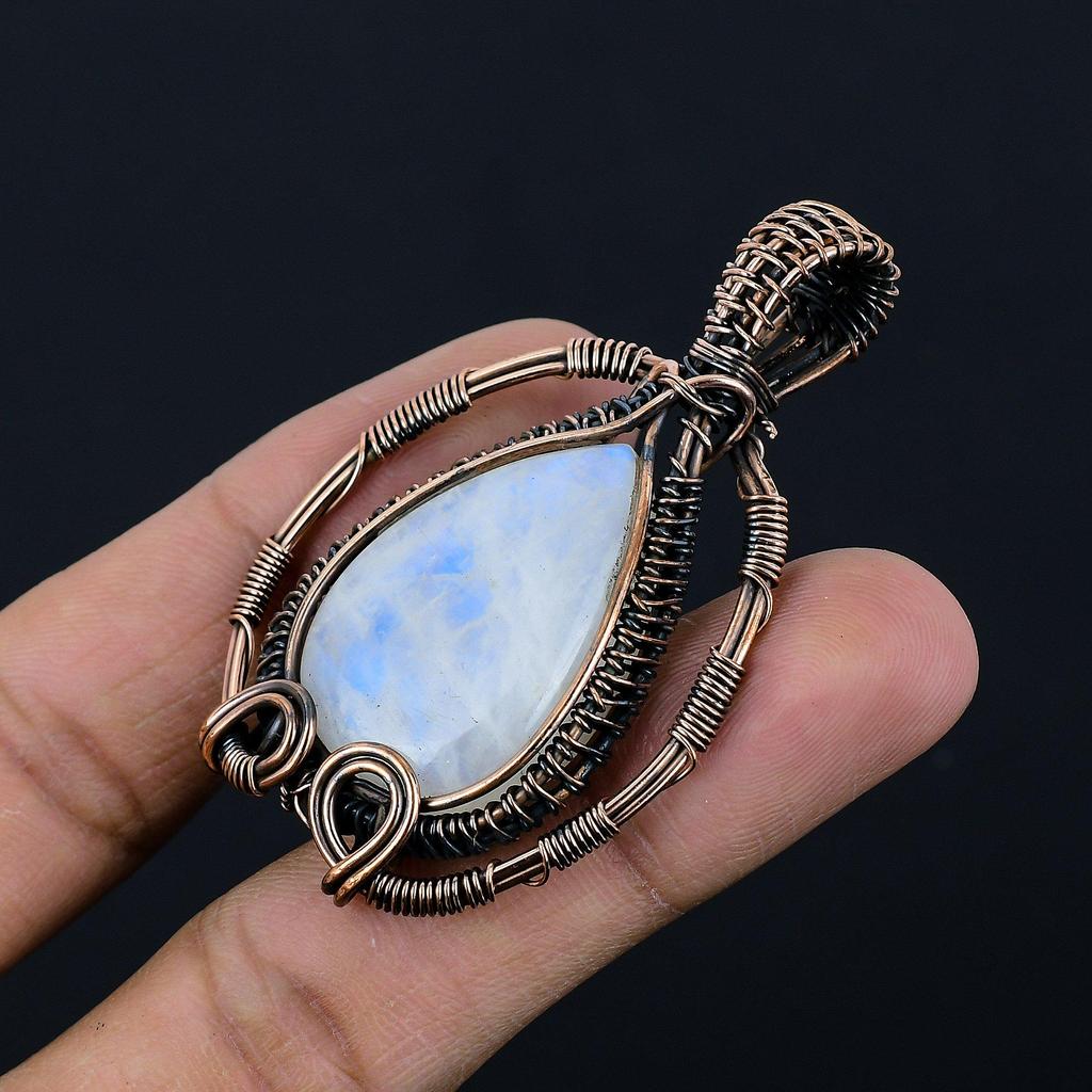 Moonstone 999 Copper Wire Wrapped Pendant, Handmade Gemstone Pendant, Gift For Mom Antique Jewelry