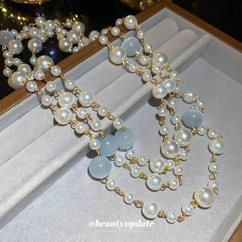 French pearl opal round beaded stacked with crystal necklace court style neck chain light luxury high-end sweater chain