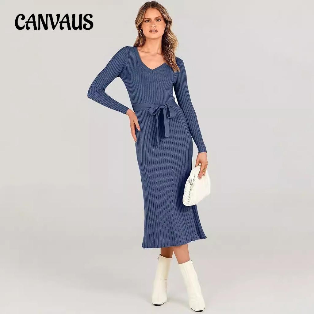 Knit Long Sleeve Dress Women's Tie Belt Corset Long Solid Color V-Neck One-piece Dress