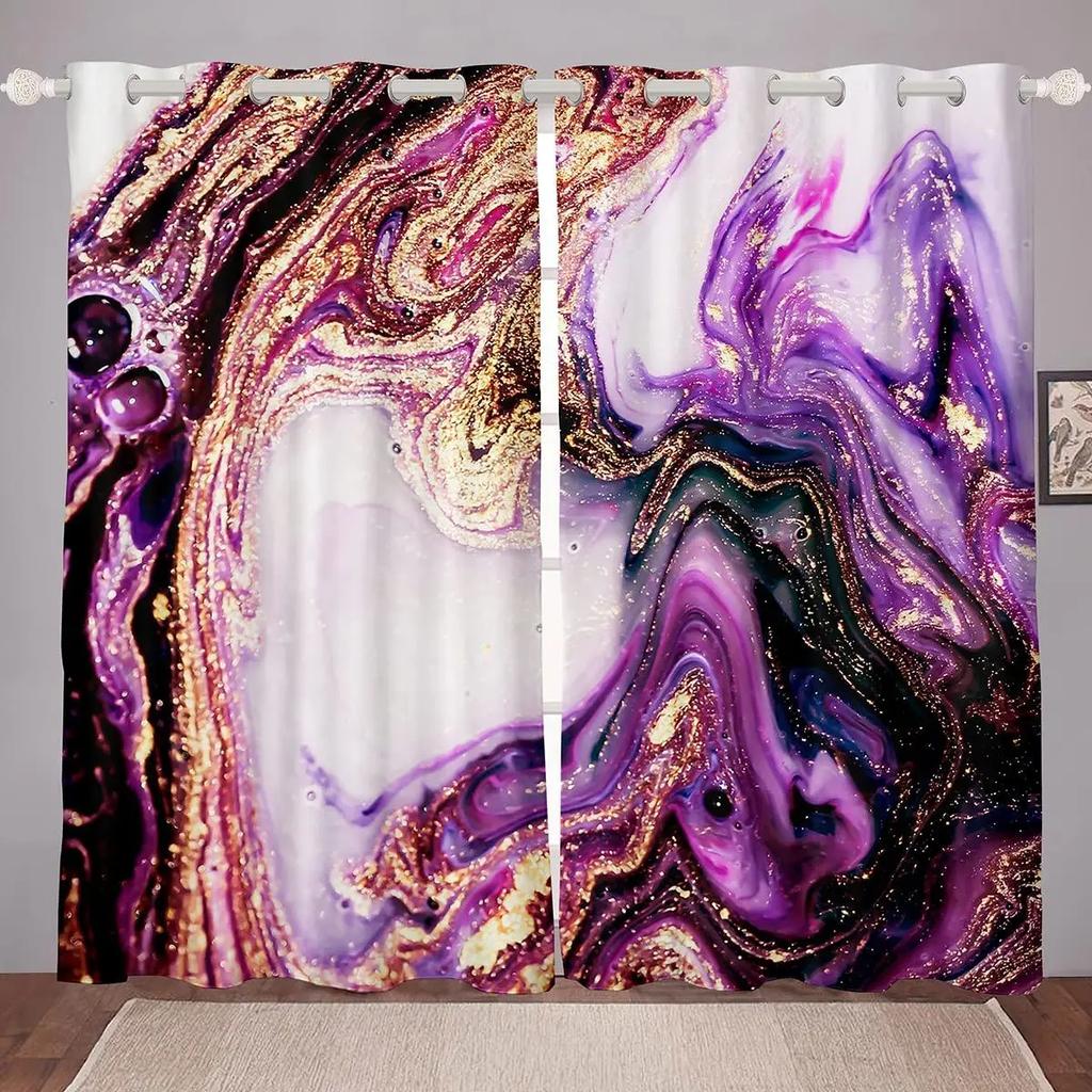 2pcs Black Golden Fluid Marble Print Polyester Curtain Window Treatment For Bedroom Office Kitchen Living Room Study Home Decor