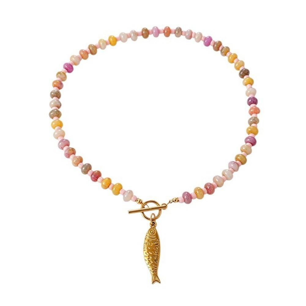 Colored Stone Small Fish Pendant Necklace Bohemian Fish-shaped Charms Jewelry Beads Necklace Women
