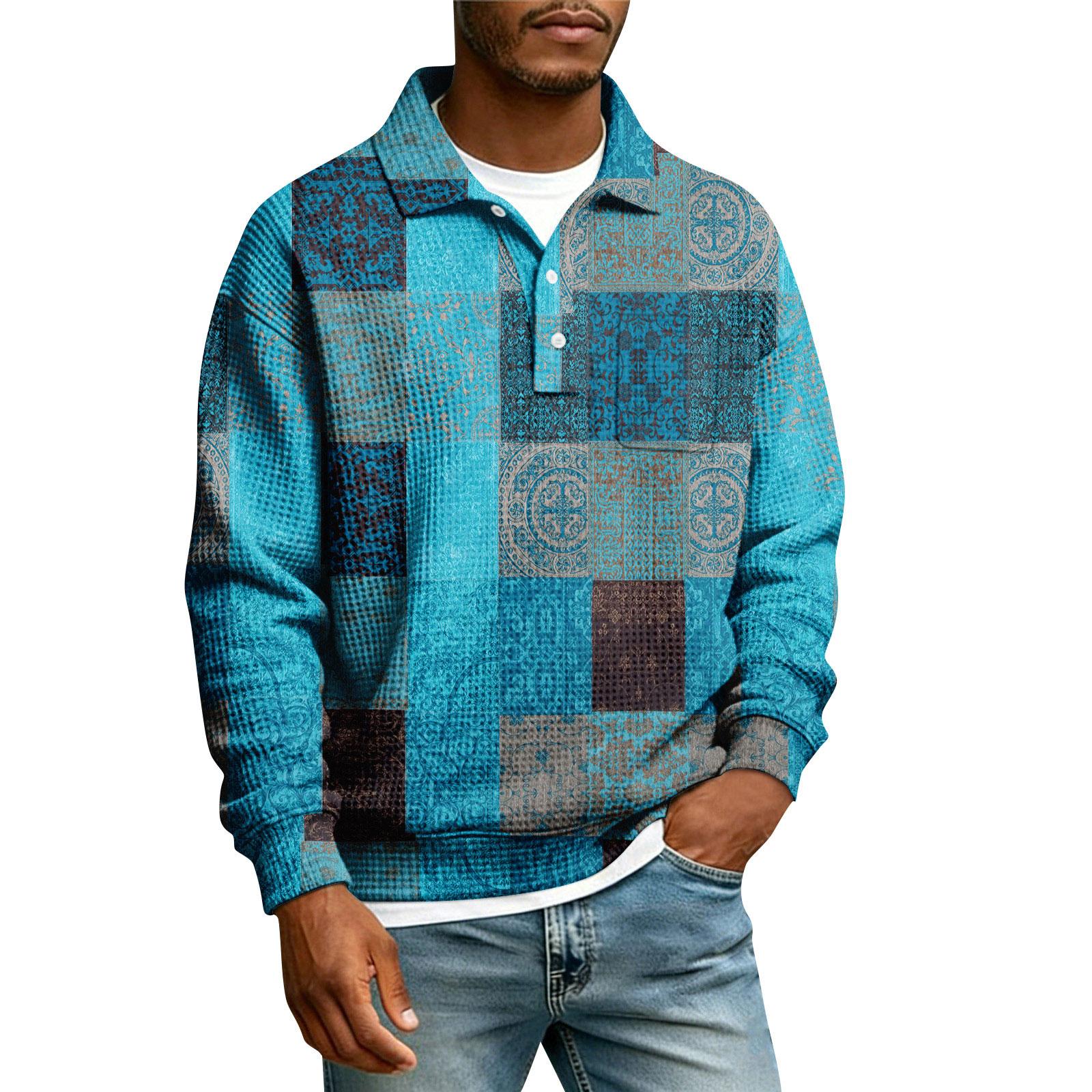 

Men s Lapel Printed Single Breasted Pocket Long Sleeve Casual Sports T-Shirt XL небо синє кольору