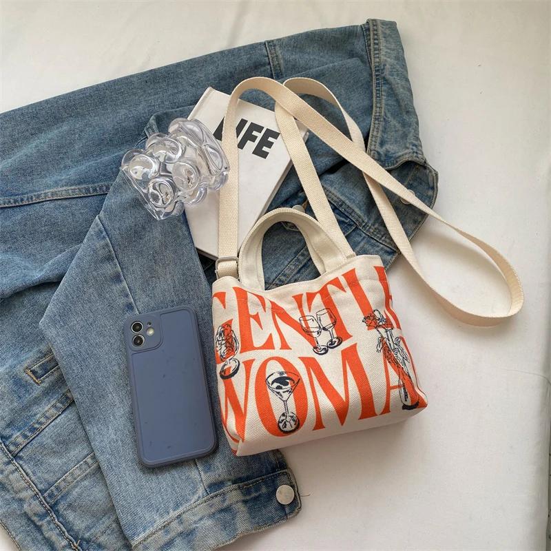 Monochrome bedruckte Umhängetasche aus Canvas mit Gewinde für Damen, lässige, schlichte Tragetasche, Umhängetasche
