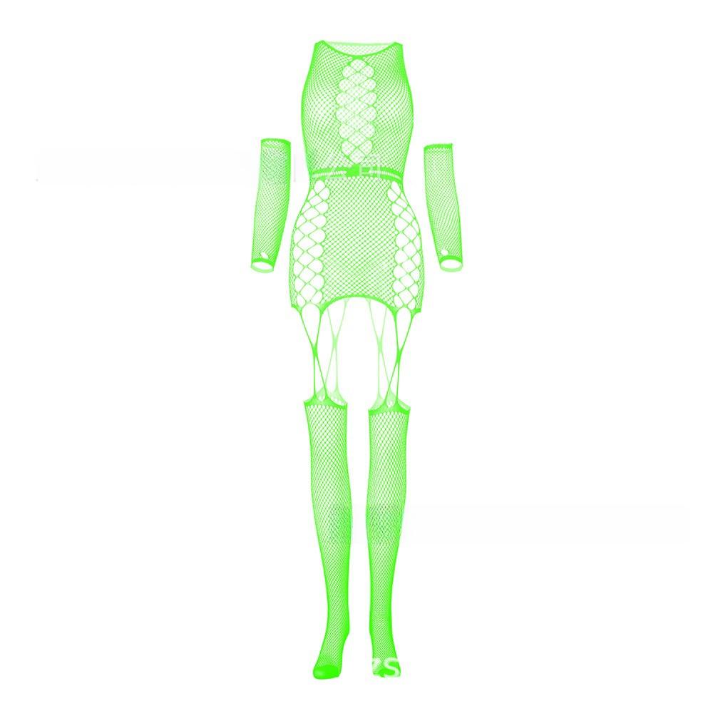 Ensemble deux pièces en résille pour femmes, body ajouré, Lingerie avec manches longues, gants longs, vêtements en filet