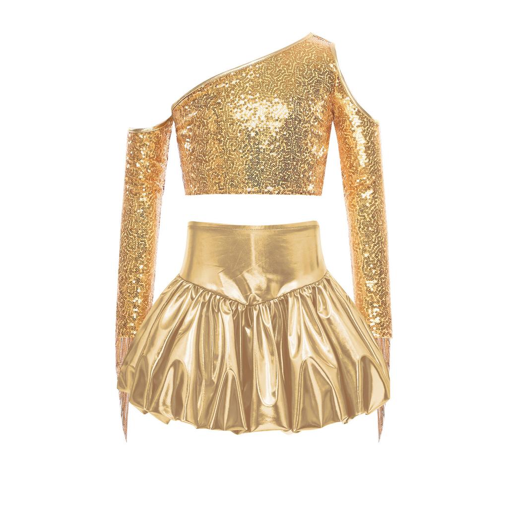 Meisjes Performance Outfit Metallic Glanzend Cold Shoulder Crop Top Lange Mouwen Kwastjes Design Feest Bellenrok
