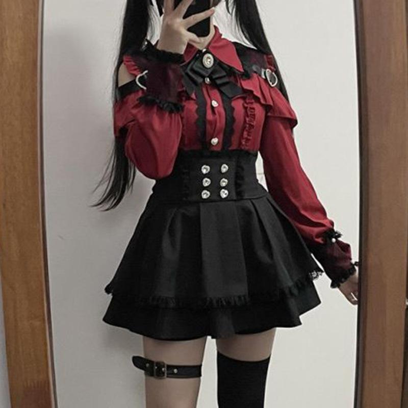 Japonský černý set krátkých sukní Gotické volánové minisukně Sexy krajkové košile Lolita šaty Y2k Estetický oblek