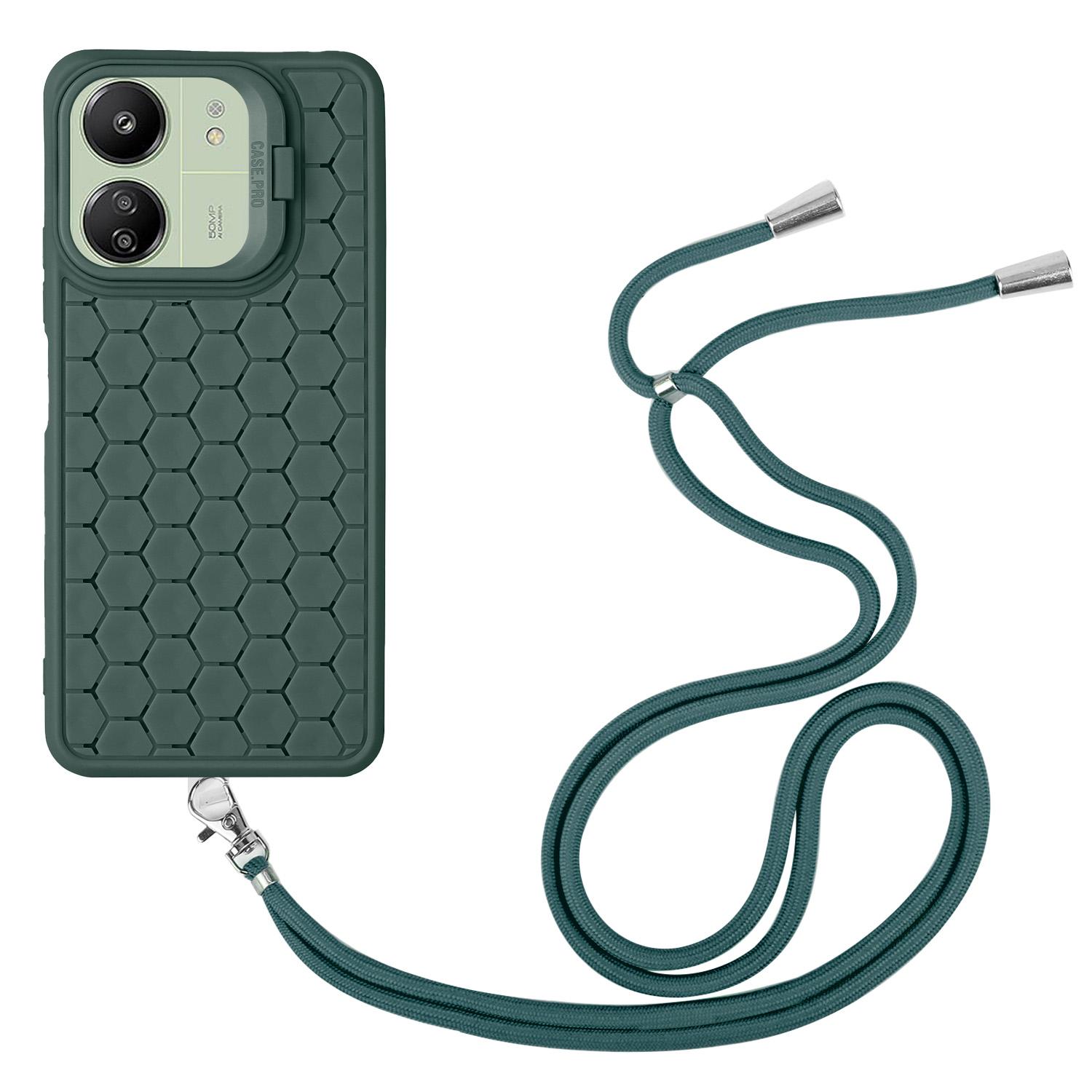 

For Xiaomi Redmi 13C 4G/5G/13R 5G/Poco C65 4G/M6 5G Case with Lanyard TPU Phone Cover Heat Dissipation Built-In Kickstand Army Green