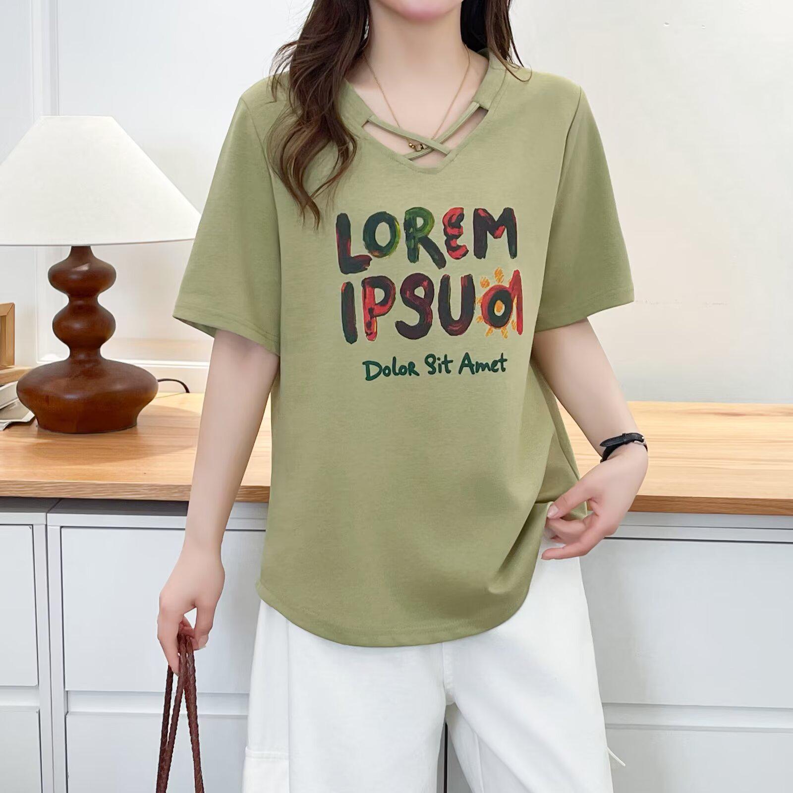 

Plus Size Women s V-Neck Drop Shoulder T-Shirt, Short Sleeve, Letter Print, Tummy Covering - Fashionable for 2026, M, 200 Jin XXL зелёный