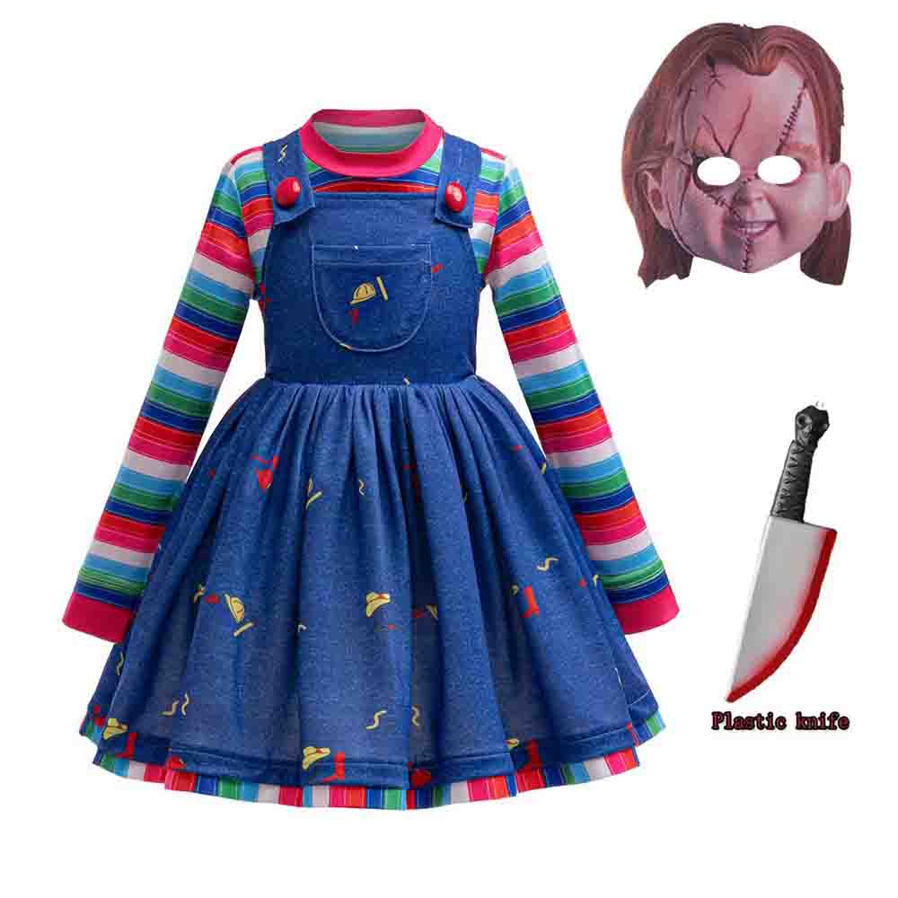 Dievčenský kostým Chucky Cosplay Dúhovo pruhovaná košeľa + Modré šaty s trakami Detský Halloweensky Karnevalový Maškarný Ples Maska 130cm blue