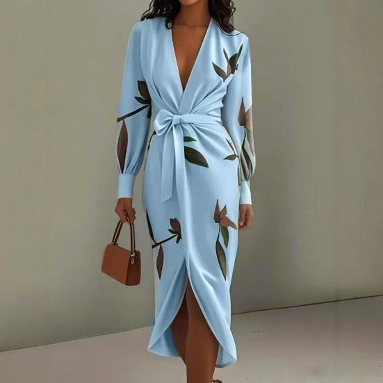 Women's Floral Print Satin Wrap Midi Dress Deep V Neck Long Sleeve Bodycon Dress Split Formal Evening Party Dress