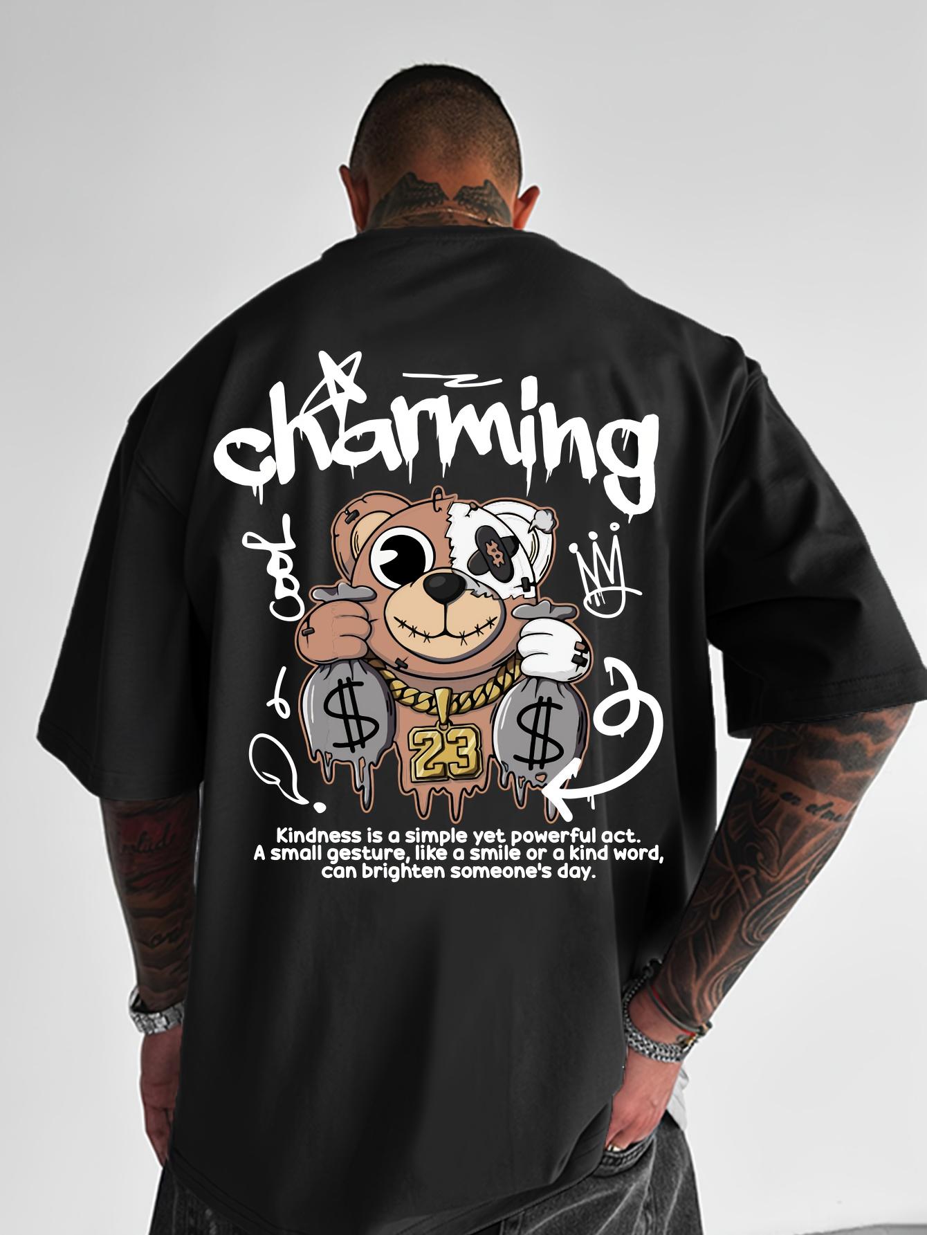 Summer New Mens Teddy Bear Money Letter Printed Comfortable and Breathable Round Neck Tshirt Outdoor Street Style Top S