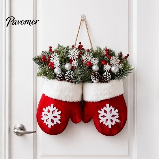 Snowflake Pattern Holiday Wreath Christmas Mitten/Stocking Wreath, Decorative Artificial with Berries Pine Cones, Garland for Wall Branches,
