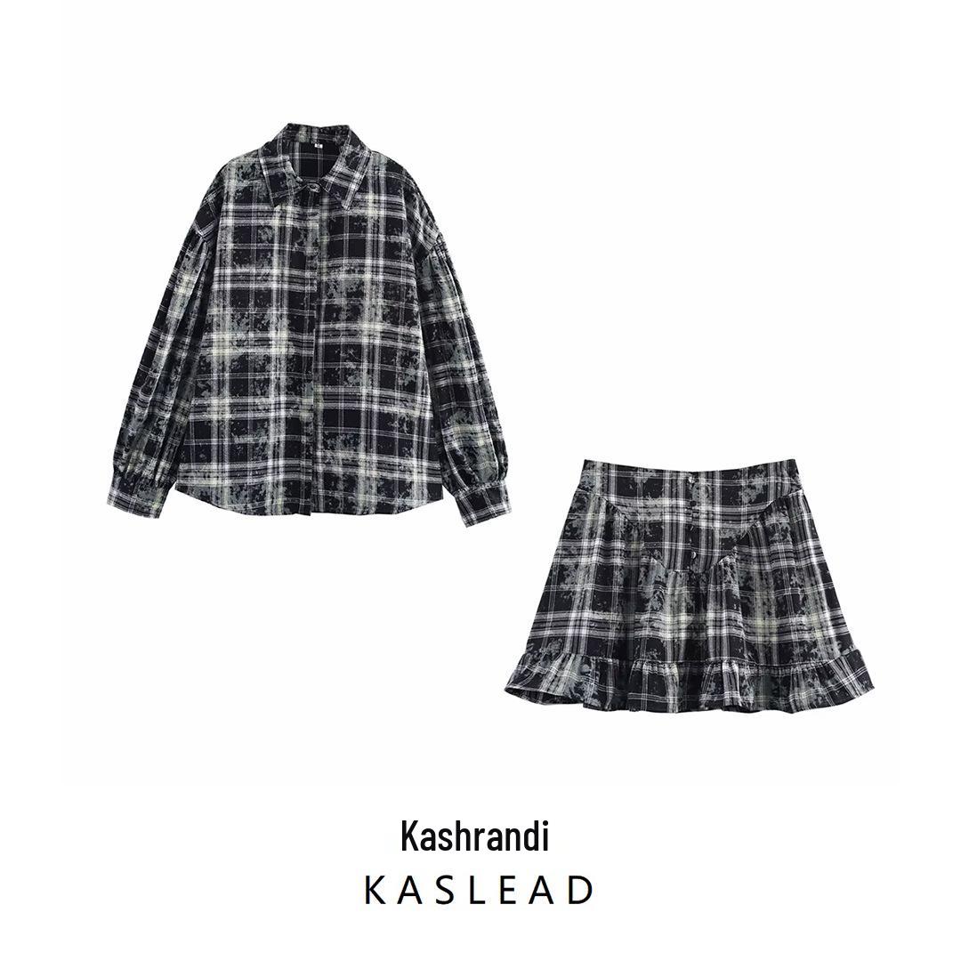 

2025 Spring Women s Plaid Long Sleeve Shirt & Ruffle Hem Mini Skirt Set - European & American Style M
