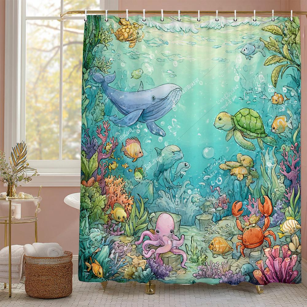 Underwater World Ocean Dolphin Jellyfish Shower Curtain, Bathroom Decorative Shower Curtain, Waterproof Shower Curtain with Hook