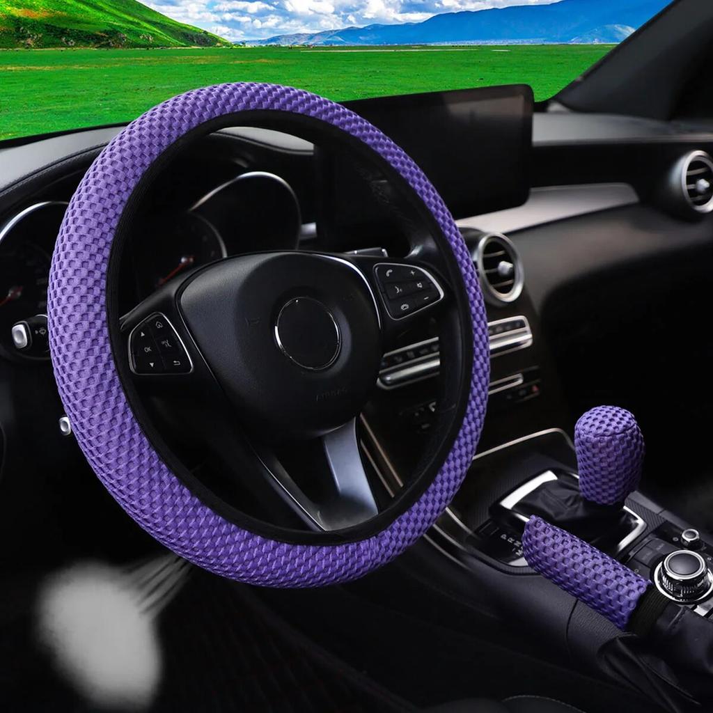 3-piece Massage Mesh Cloth Breathable Car Without Inner Ring Steering Wheel Cover Handbrake Cover Handle Cover 14.5-15INCH