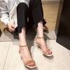 Fashion Summer New Rivet One Buckle Strap Sandals Women's Square Toe Stiletto Ultra Simple Slim Strap Versatile Roman Kitten Heels