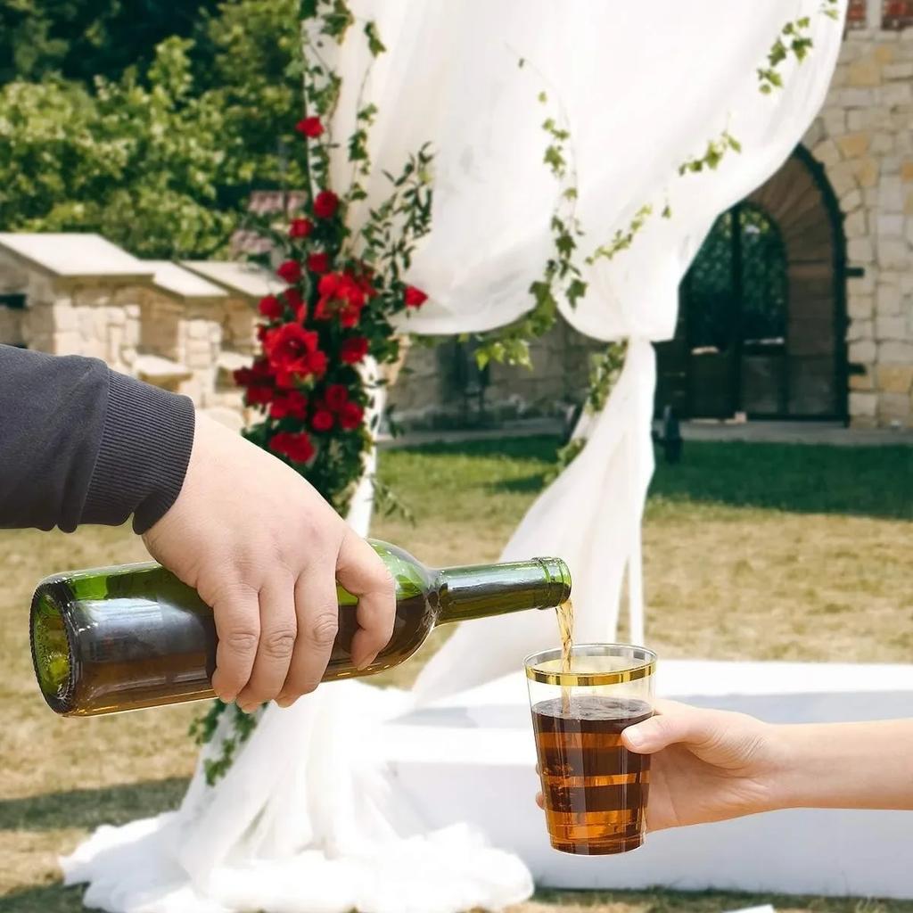 50/100 ks 10oz čiré plastové kelímky se zlatým okrajem, elegantní jednorázové plastové sklenice na víno pro svatby a večírky