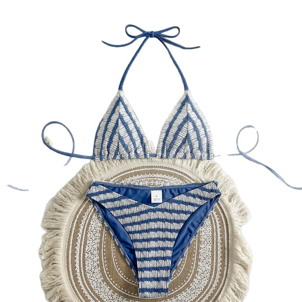 European and American New Split Swimsuit Women's Sexy Striped Suspender Neck Bikini Design Halter Swimsuit Women