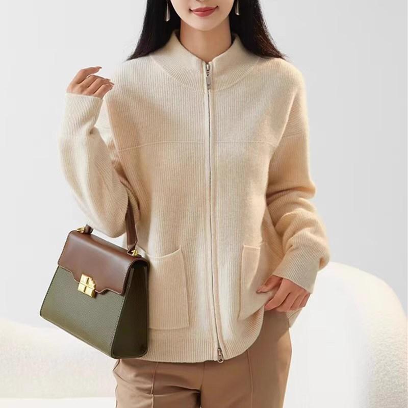 

Half Turtleneck Cardigan Jacket for Women In Autumn and Winter Versatile Thickened Double Zipper Wool Cardigan Skin-friendly Knitted Top M
