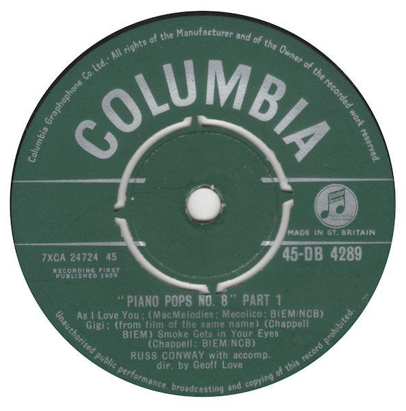 

7inch Record RUSS CONWAY - Piano Pops No. 8 45DB4289 Columbia 1959 UK Pop Used