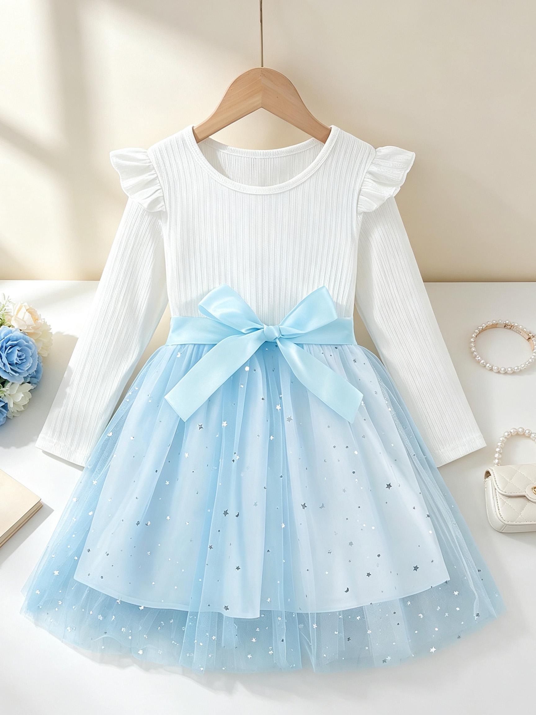 Girls Long Sleeve White Blue Star Tulle Dress Kids Spring Autumn Satin Bow Princess Dress 1-2Y белый
