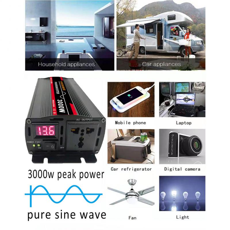 Pure Sine Wave Inverter 1000W 1600W 2000W DC 12V 220V 50Hz Power Inverter EU plug Home Car Converter Solar Energy