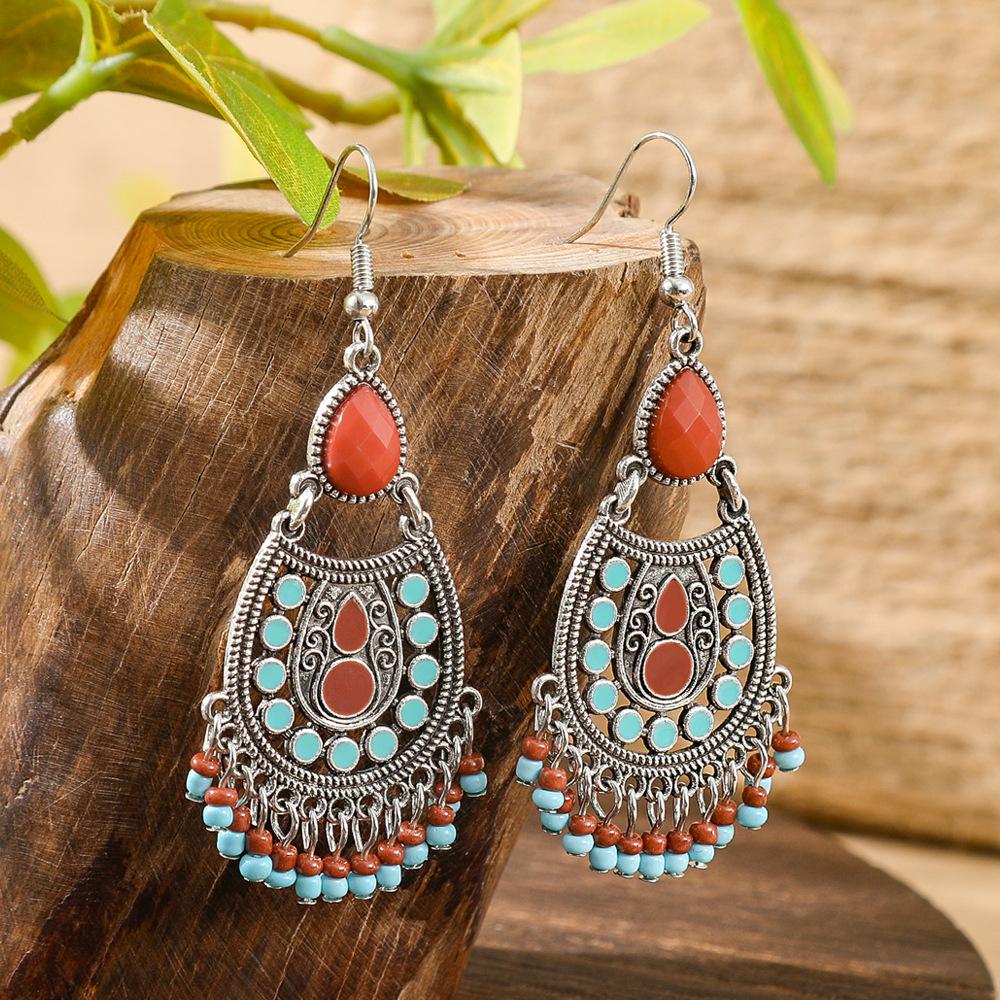 Classic Vintage Bohemian Colorful Drop Earrings for Women Unique Rice Bead Tassel Hollow Dangle Earring Vacation Jewelry Gift