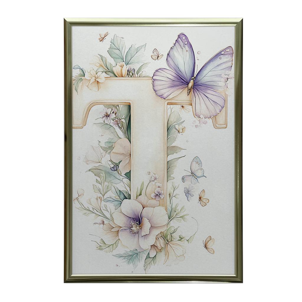 Poster Buchstabe "T" In Blumen Und Schmetterlingen Poster Buchstabe "T" In Blumen Und Schmetterlingen, 30X40 Cm, Ohne Rahmen, Mattes Papier 230 Gsm